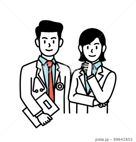 Cartoon illustration of smiling male doctor and female doctor standing together for medicine, health and medical service. Cartoon illustration of smiling male doctor and female doctor standing together for medicine, health and medical service. 99642855