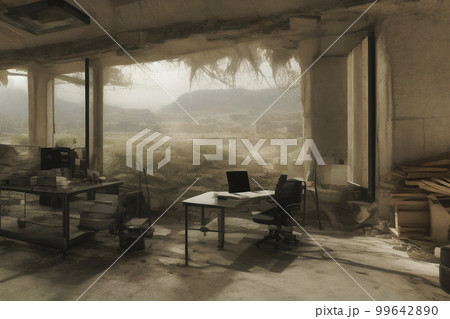Office with destroyed inventory and a window overlooking a colorless depressive devastated landscape, apocalyptic mood, made with generative AI Office with destroyed inventory and a window overlooking a colorless depressive devastated landscape, apocalyptic mood, made with generative AI 99642890