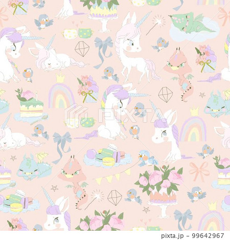Seamless Pattern with Little Dragons, Magic Unicorns and Flowers on Pink Background 99642967