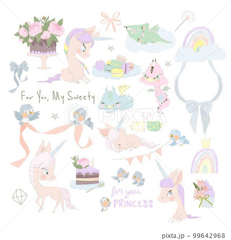 Set of Cute Little Dragons, Magic Unicorns and Flowers on White Background 99642968