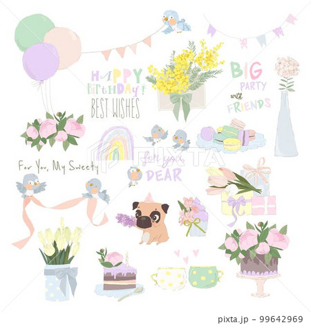 Cartoon Birthday Set with Flowers Sweets and Gifts 99642969