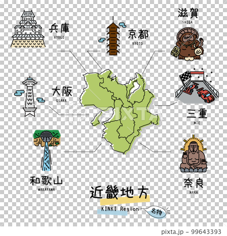 Japan's Kinki region's famous sightseeing, map, icon set (line drawing) 99643393