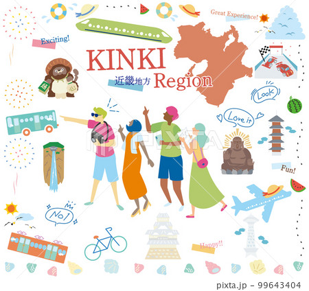 日本の近畿地方の夏の名物観光を楽しむ観光客、アイコンのセット（フラット） 99643404