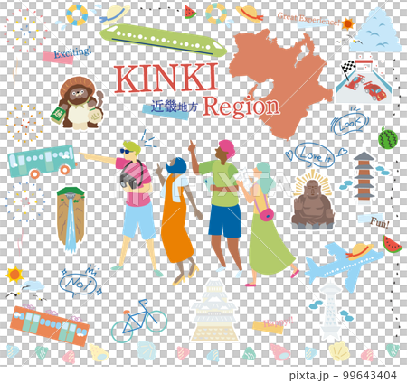日本の近畿地方の夏の名物観光を楽しむ観光客、アイコンのセット（フラット） 99643404