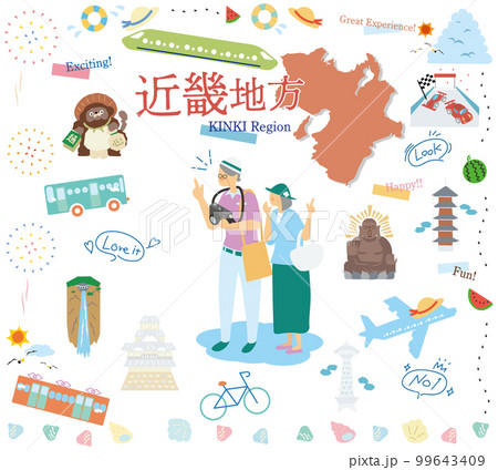 日本の近畿地方の夏の名物観光を楽しむシニア夫婦、アイコンのセット（フラット） 99643409