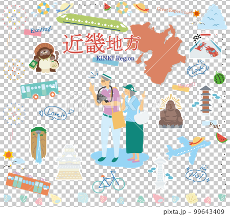 A senior couple who enjoys summer specialties sightseeing in the Kinki region of Japan, a set of icons (flat) 99643409