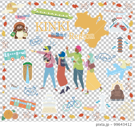 Tourists enjoying the autumn specialties sightseeing in the Kinki region of Japan, a set of icons (flat) Tourists enjoying the autumn specialties sightseeing in the Kinki region of Japan, a set of icons (flat) 99643412