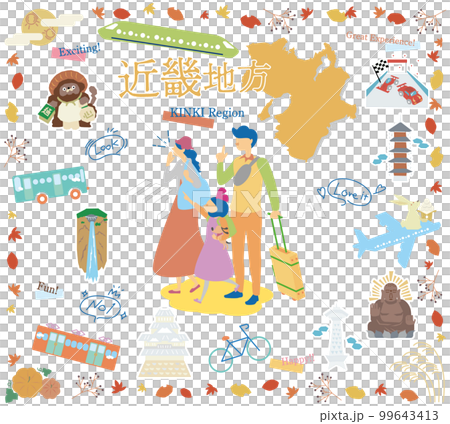 A family of three who enjoys the autumn specialty sightseeing in the Kinki region of Japan, a set of icons (flat) 99643413