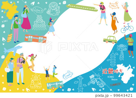 日本の近畿地方の夏の名物観光を楽しむ観光客、アイコンのセット(フラット) 日本の近畿地方の夏の名物観光を楽しむ観光客、アイコンのセット(フラット) 99643421