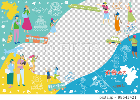 日本の近畿地方の夏の名物観光を楽しむ観光客、アイコンのセット(フラット) 日本の近畿地方の夏の名物観光を楽しむ観光客、アイコンのセット(フラット) 99643421