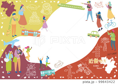 日本の近畿地方の秋の名物観光を楽しむ観光客、アイコンのセット(フラット) 日本の近畿地方の秋の名物観光を楽しむ観光客、アイコンのセット(フラット) 99643422