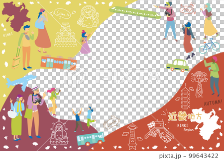 日本の近畿地方の秋の名物観光を楽しむ観光客、アイコンのセット(フラット) 日本の近畿地方の秋の名物観光を楽しむ観光客、アイコンのセット(フラット) 99643422