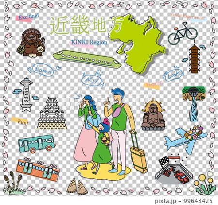 A family of three who enjoys spring special sightseeing in the Kinki region of Japan, a set of icons (line drawing) A family of three who enjoys spring special sightseeing in the Kinki region of Japan, a set of icons (line drawing) 99643425