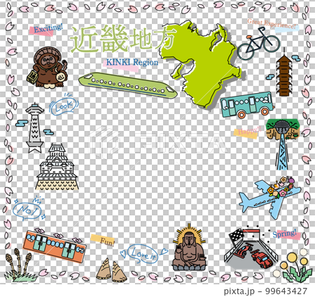 A set of icons of spring specialties sightseeing in the Kinki region of Japan (line drawing) 99643427