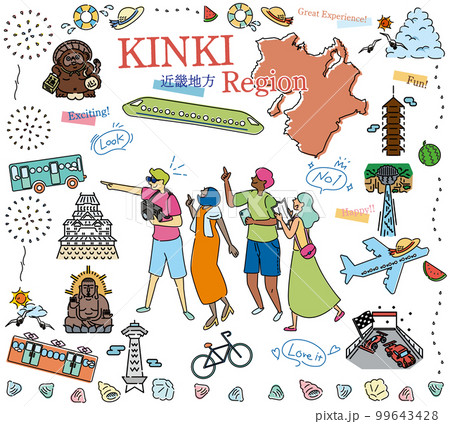 日本の近畿地方の夏の名物観光を楽しむ観光客、アイコンのセット（線画） 99643428