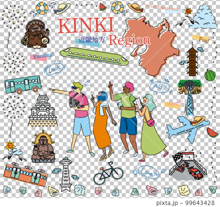 日本の近畿地方の夏の名物観光を楽しむ観光客、アイコンのセット（線画） 99643428