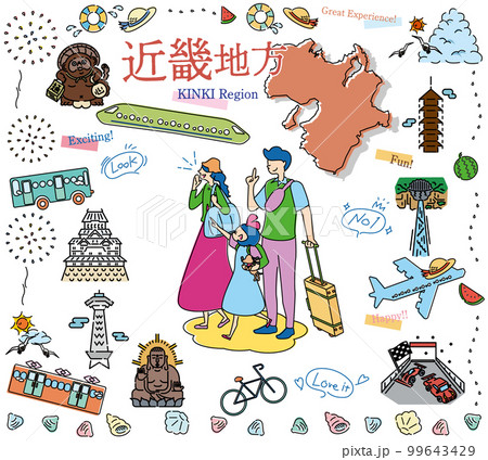 日本の近畿地方の夏の名物観光を楽しむ三人家族、アイコンのセット(線画) 日本の近畿地方の夏の名物観光を楽しむ三人家族、アイコンのセット(線画) 99643429