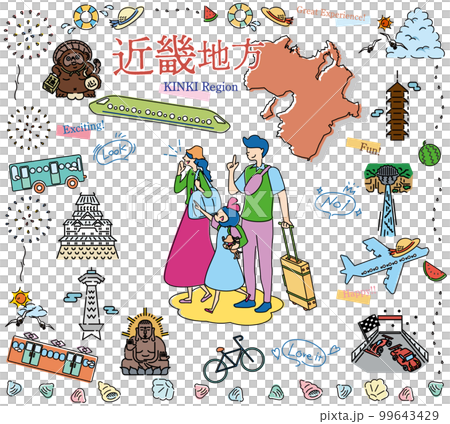 日本の近畿地方の夏の名物観光を楽しむ三人家族、アイコンのセット(線画) 日本の近畿地方の夏の名物観光を楽しむ三人家族、アイコンのセット(線画) 99643429