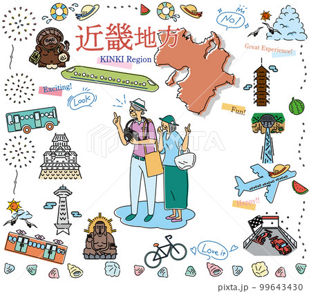 日本の近畿地方の夏の名物観光を楽しむシニア夫婦、アイコンのセット(線画) 日本の近畿地方の夏の名物観光を楽しむシニア夫婦、アイコンのセット(線画) 99643430