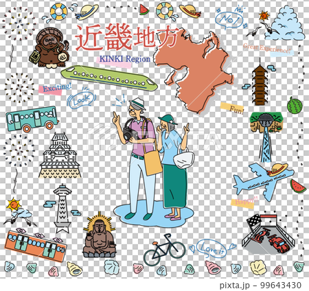 A senior couple who enjoys summer specialties sightseeing in the Kinki region of Japan, a set of icons (line drawing) 99643430