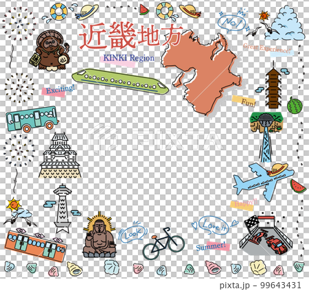 A set of icons of summer specialties sightseeing in the Kinki region of Japan (line drawing) 99643431