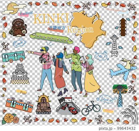 Tourists enjoying the autumn specialty sightseeing in the Kinki region of Japan, a set of icons (line drawing) Tourists enjoying the autumn specialty sightseeing in the Kinki region of Japan, a set of icons (line drawing) 99643432