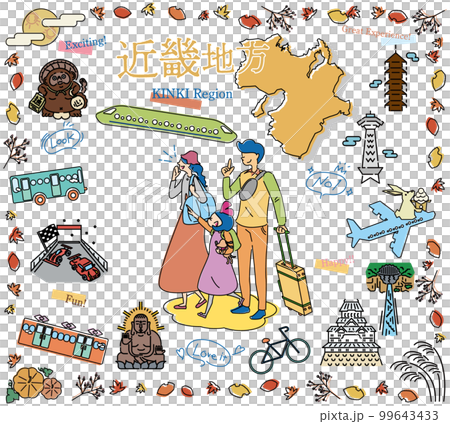 A family of three who enjoys autumn specialty sightseeing in the Kinki region of Japan, a set of icons (line drawing) 99643433