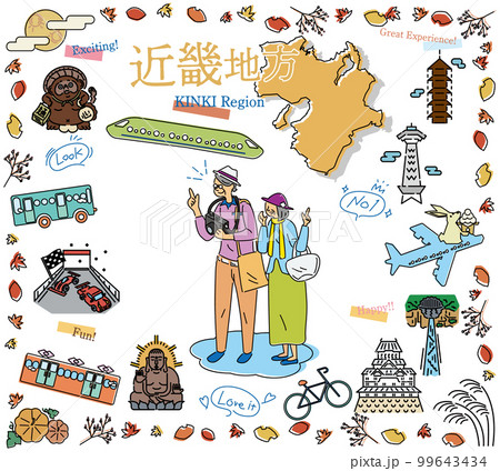 日本の近畿地方の秋の名物観光を楽しむシニア夫婦、アイコンのセット（線画） 99643434