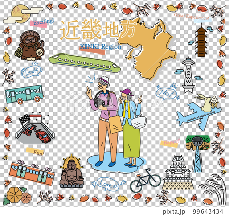 日本の近畿地方の秋の名物観光を楽しむシニア夫婦、アイコンのセット（線画） 99643434