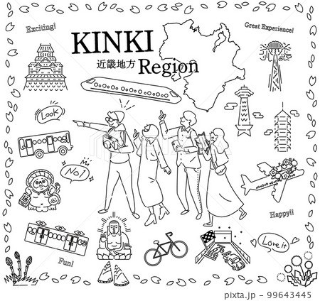 日本の近畿地方の春の名物観光を楽しむ観光客、アイコンのセット(線画白黒) 日本の近畿地方の春の名物観光を楽しむ観光客、アイコンのセット(線画白黒) 99643445