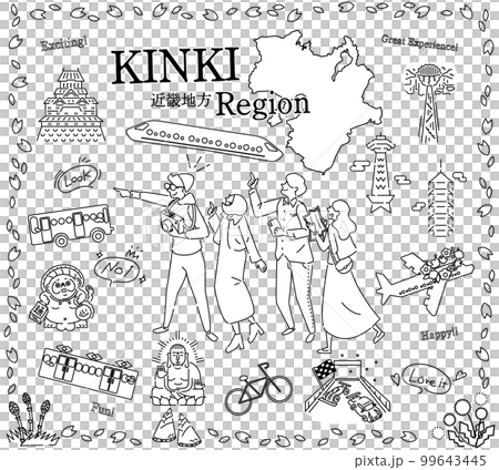 日本の近畿地方の春の名物観光を楽しむ観光客、アイコンのセット(線画白黒) 日本の近畿地方の春の名物観光を楽しむ観光客、アイコンのセット(線画白黒) 99643445