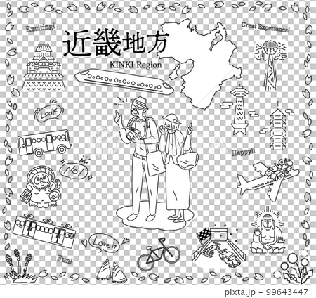 A senior couple who enjoys spring special sightseeing in the Kinki region of Japan, a set of icons (line drawing black and white) 99643447