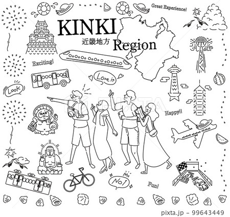 日本の近畿地方の夏の名物観光を楽しむ観光客、アイコンのセット（線画白黒） 99643449