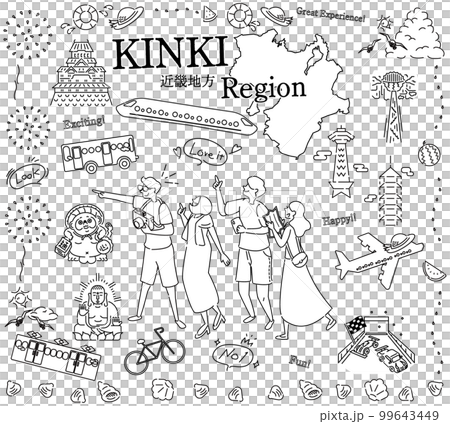 日本の近畿地方の夏の名物観光を楽しむ観光客、アイコンのセット（線画白黒） 99643449