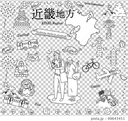 A senior couple who enjoys sightseeing in summer in the Kinki region of Japan, a set of icons (line drawing black and white) 99643451