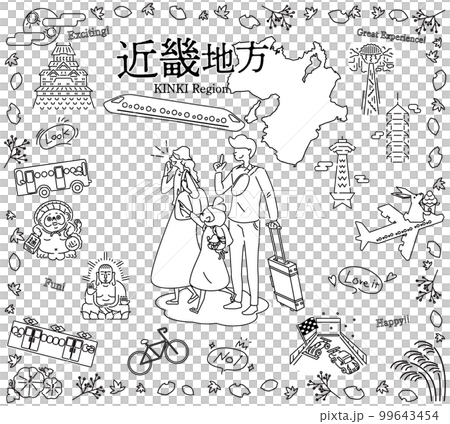 A family of three who enjoys the autumn specialty sightseeing in the Kinki region of Japan, a set of icons (line drawing black and white) 99643454