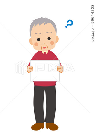 メッセージボードをもって首を傾げる可愛いシニア男性のイラスト　白背景　ベクター　全身　人物 99644208