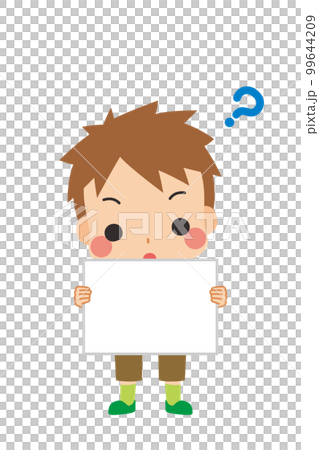 一個可愛的小男孩用留言板傾斜他的頭的插圖白色背景矢量全身人 99644209