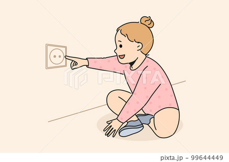 Cute child put finger in electrical socket  99644449