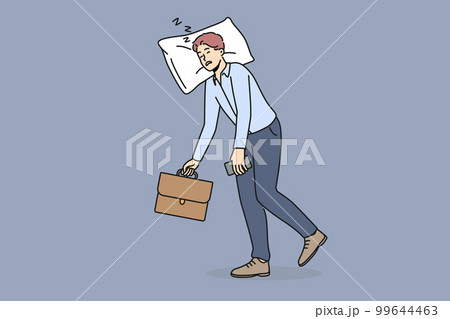Exhausted businessman walk with head on pillow 99644463