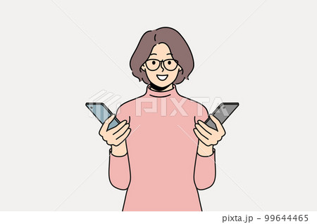 Smiling woman hold cellphones in hands Smiling woman hold cellphones in hands 99644465