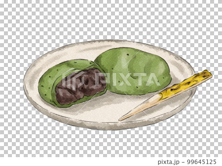 Illustration of kusamochi broken in half on a plate (watercolor style) Illustration of kusamochi broken in half on a plate (watercolor style) 99645125