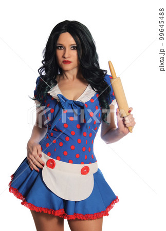 Woman Wearing Retro Blue and Red Dress Isolated on White Background 99645488