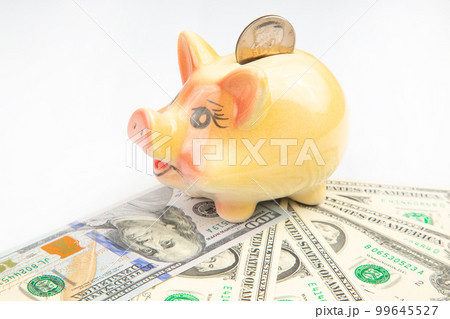 ceramic piggy bank for coins in the shape of a pig on the background of dollars. 99645527