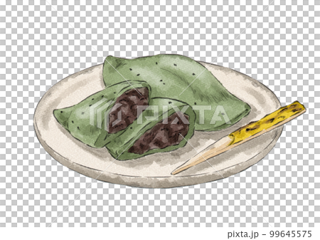 皿にのせた半分に割れてるよもぎ餅のイラスト（水彩風） 99645575