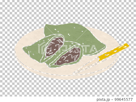 皿にのせた半分に割れてるよもぎ餅のイラスト（版画風） 99645577