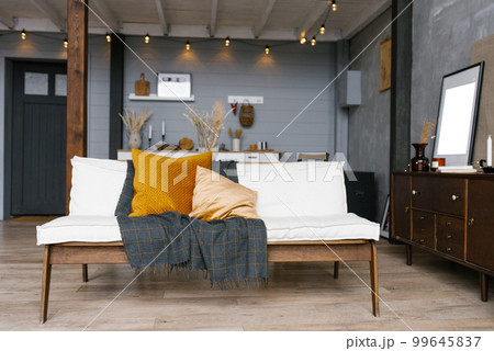 Stylish and Scandinavian interior of the living room of a modern apartment with a white sofa, pillows, a blanket, a kitchen in the background. Modern home decor. 99645837