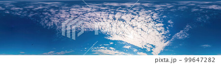 Blue summer sky panorama with light Cirrus clouds. Hdr seamless spherical equirectangular 360 panorama. Sky dome or zenith for 3D visualization and sky replacement for aerial drone 360 panoramas. 99647282