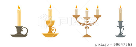Burning Candles in Candlesticks and Vintage Candle Holders and Candelabrums Vector Set 99647563