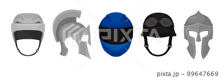 Different Helmet as Protective Head Covering Isolated on White Background Vector Set Different Helmet as Protective Head Covering Isolated on White Background Vector Set 99647669